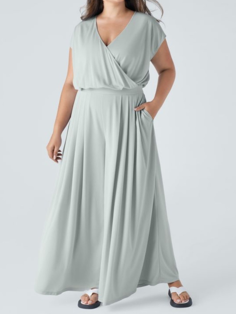 NWOT Halara Grey Blue V Neck Short Sleeve Wide Leg Flowy Waffle Casual Jumpsuit